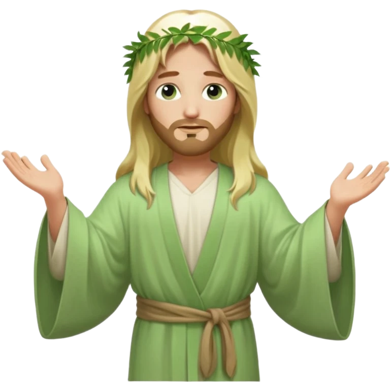 Jesus, green eyes, long blonde hair, light green wide, flowing outer robe. opening arms, gazing thoughtfully. Soft light, subtle fern. Waist-up, profile. emoji