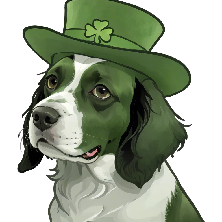 Black and white springer spaniel wearing a st Patrick’s day hat emoji