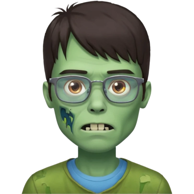 an emoji of a male green zombie with dark brown hair and female bangs that cover your entire forehead and extend to your eyebrows, wearing square, bluish glasses. emoji