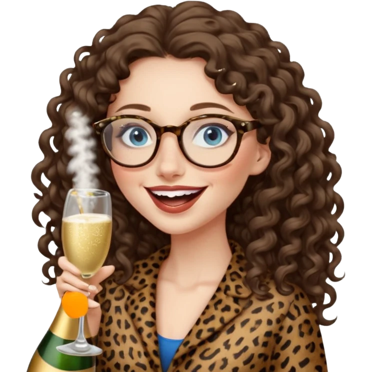a blue eyed woman with very long brunette curly hair, full lips,and really pale skin. She is wearing a leopard printed thin round-ish glasses . She is wearing fully brown clothes. She is celebration sth with a bottle of champagne and laughing emoji