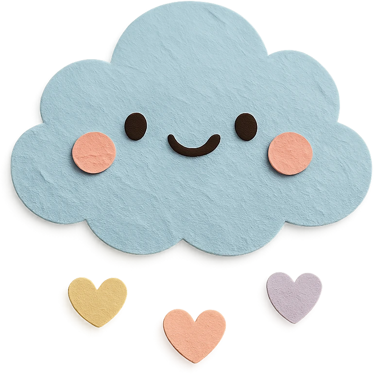 soft pastel puffy cloud holding tiny pastel hearts, no arms, no legs, full body, soft pastel kawaii paper craft style emoji
