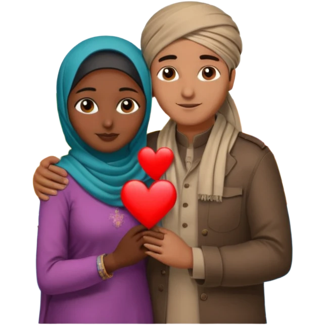 An emotional artistic illustration of an Indian man and an Afghan hijabi girl standing on the maps of India and Afghanistan, symbolically embracing each other  from in front side  despite the distance, showing love beyond borders. emoji