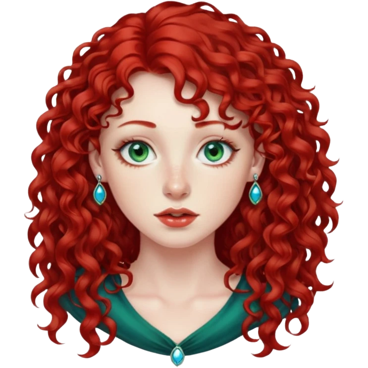 Red curly long hair with side fringe woman, pale skin, green/blue eyes, lower right lip piercing stud, nostril nose stud emoji