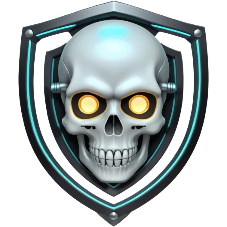 Futuristic shield badge, metallic tubes entwined, skull center, dark anime 90s style, no background emoji