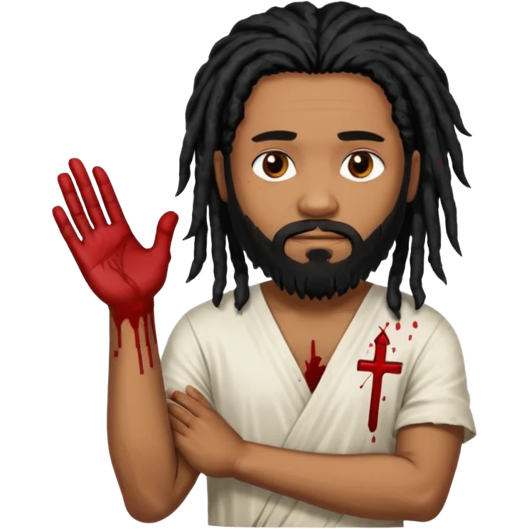 African American man with shoulder length black dreadlocks with black beard wearing a white tunic with blood on it with arms folded together emoji