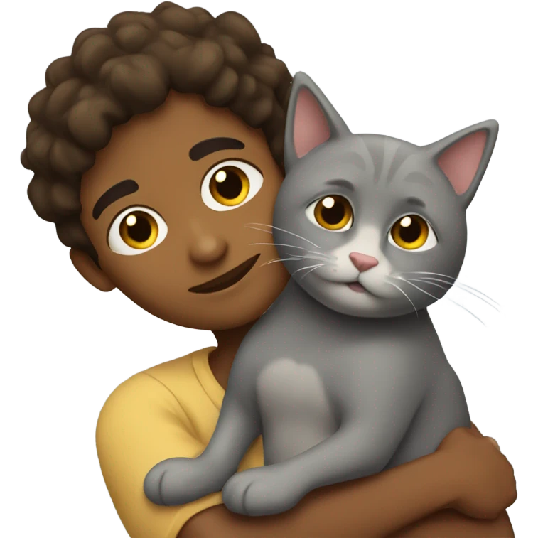 brown boy cuddling a grey cat emoji
