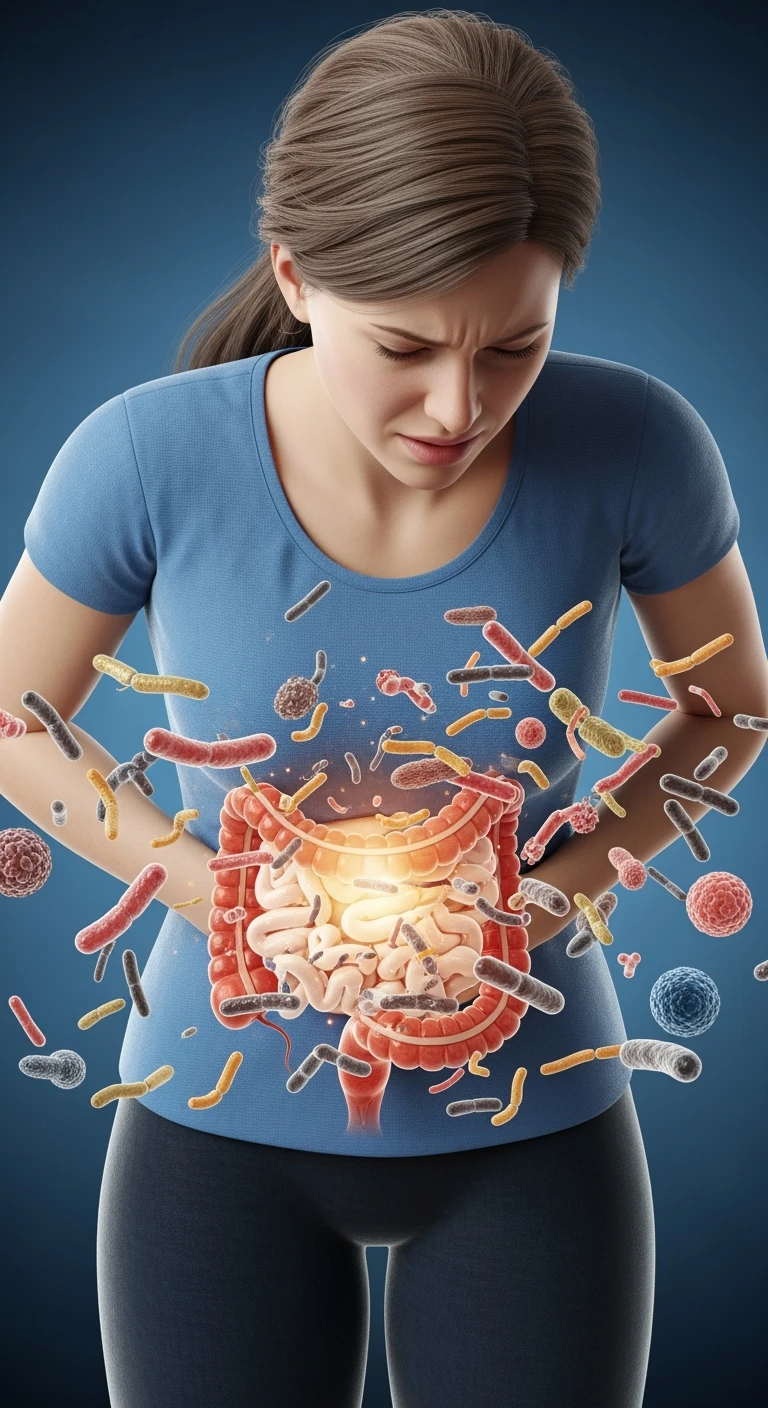 DONNA CON MAL DI PANCIA E INTESTINO UMANO ANATOMICO VISIBILE, BATTERI INTESTINALI FLUTTUANO INTORNO, IPERREALISTICO 4K emoji