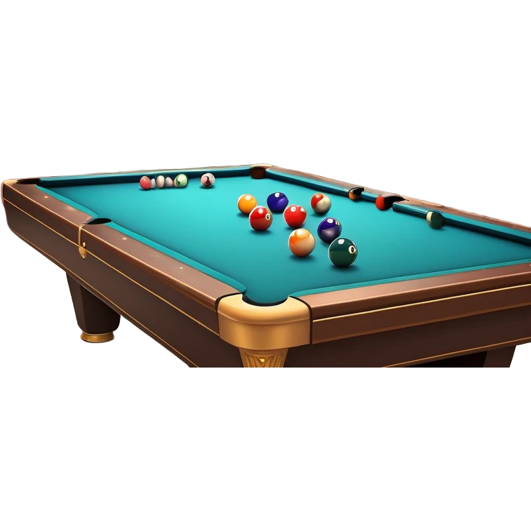 A well-arranged pool table with colorful billiard balls neatly placed, and a cue stick poised to take a shot. The setting is a dimly lit room with a focused atmosphere, highlighting the precision and strategy involved in the game of billiards. emoji