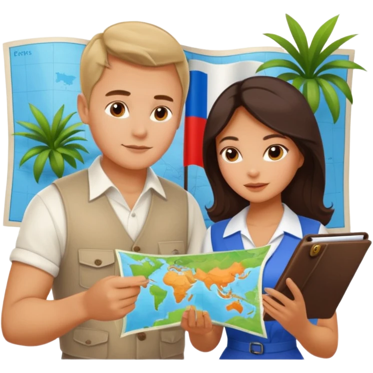 Russian man and elegant Latina girl in cute outfits with a map planning plants emoji