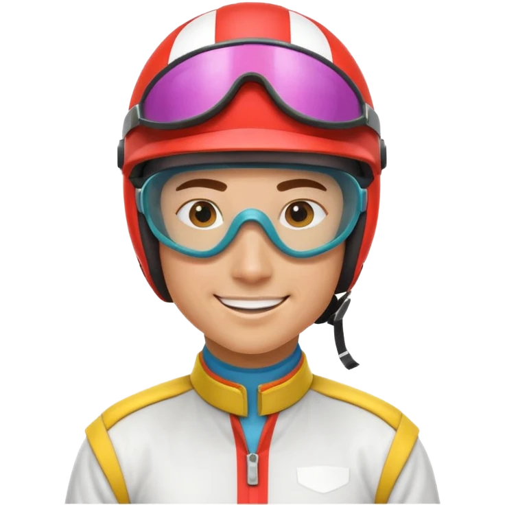 horse race jockey portrait, head and shoulders only, wearing colorful racing helmet and goggles, sporty uniform collar, confident smile, 3D cartoon, mobile game icon style, clean background, no text, no watermark
 emoji