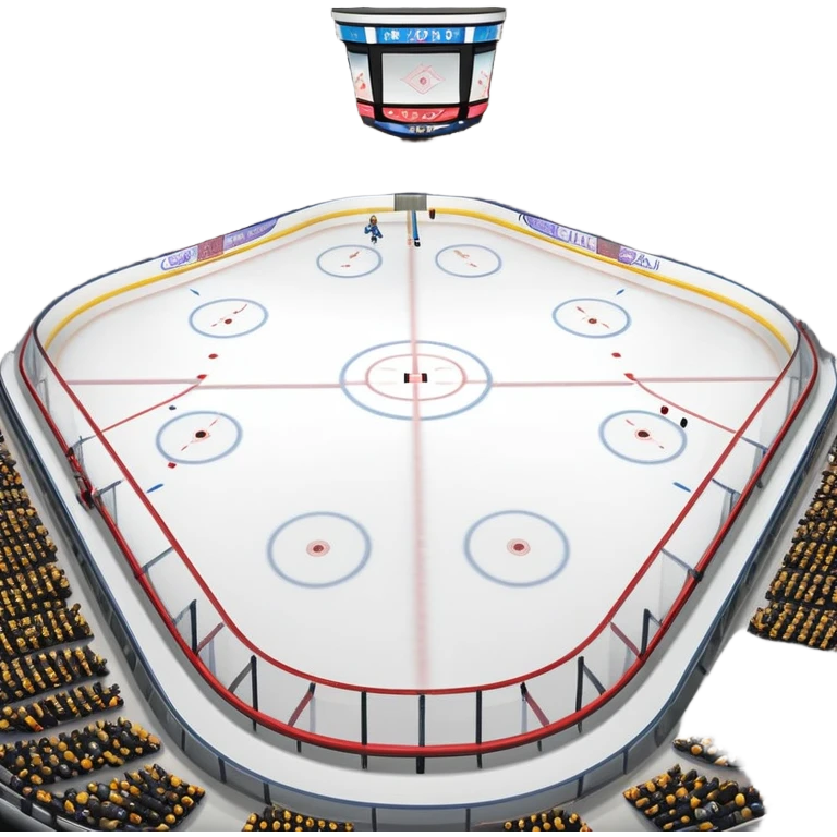 Please, make An icon featuring The background shows a packed stadium with cheering fans, bright arena lights, and an icy rink and close-up shots of key hockey equipment: a hockey stick, puck, and skates. Transparent background highlights the essentials of the game and the thrill of the sport. emoji