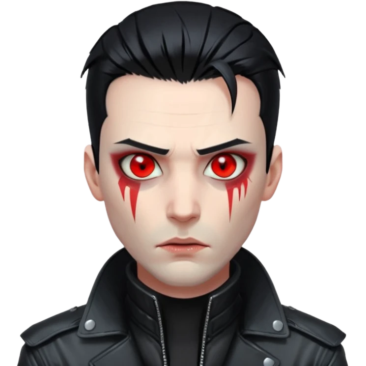 Cyberpunk man, slicked hair, silver metal jaw prosthetic, glowing red eyes, cold expression, clinical lighting emoji