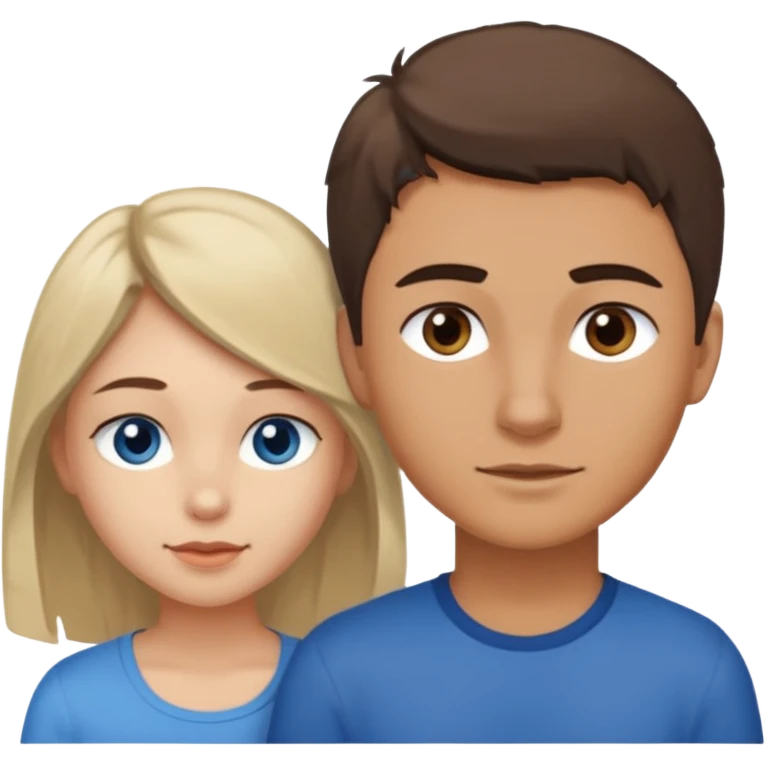 Una pareja heterosexual. La chica de piel blanca pero bronceada (española), pelo al estilo wolfcut castaño oscuro, ojos marrones. El chico de piel blanca, ojos azules y pelo castaño claro, tirando para rubio oscuro. emoji