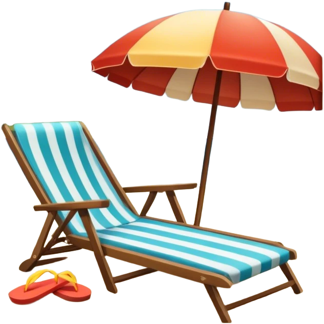 Icon for Beach Tourism: a sandy beach with a ocean skyline in the background, lounge chair, sun umbrella and flip-flops. The icon should capture the relaxation and fun of a beach vacation. Transparent background emoji