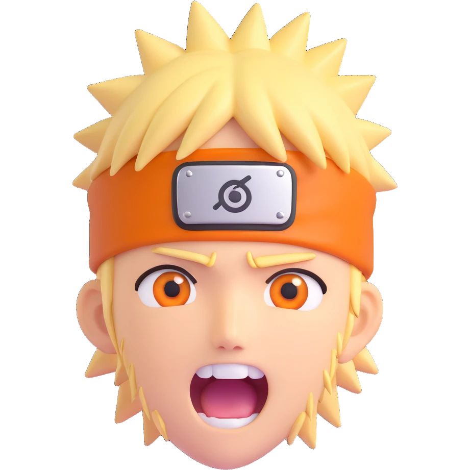 shocked Naruto with spiky blond hair, wide eyes, mouth open, orange headband, anime style, 3D iOS emoji style emoji