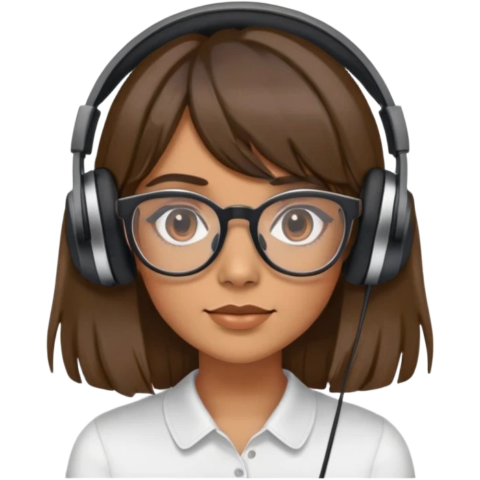 Woman with balayaged brown hair and curtain bangs and her glasses on with headphones emoji