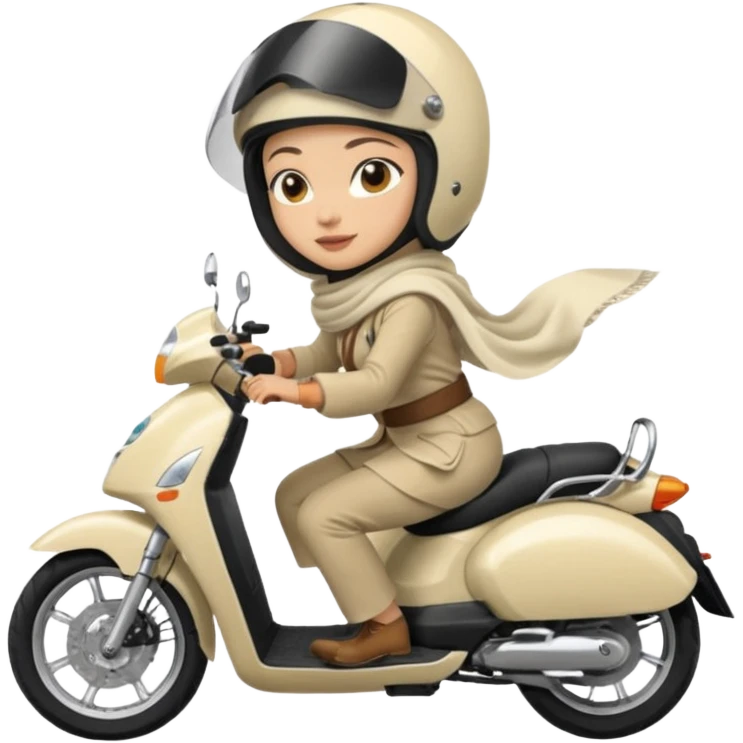 A woman wearing a cream colored pashmina hijab riding a motorbike pcx emoji