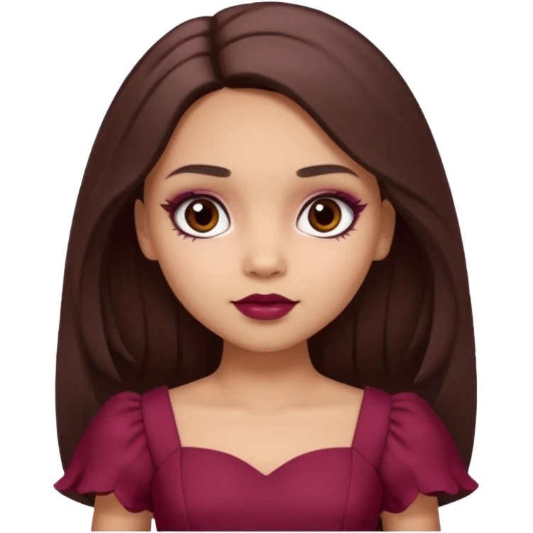 a light skin girl with long brunette hair. with dark brown eyes and slightly slanted. wear a doll like make-up with maroon dress.  emoji