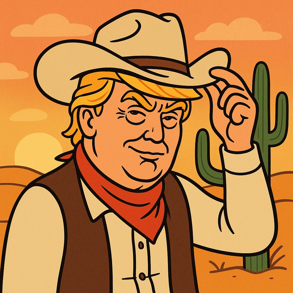 Donald Trump as a cowboy, tipping his hat, with a cactus and sunset in the background, cartoon style, bold lines emoji