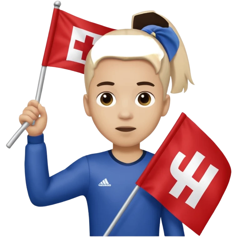 A pony tail hair boy holding a big team flag, waving it proudly with a determined expression. emoji