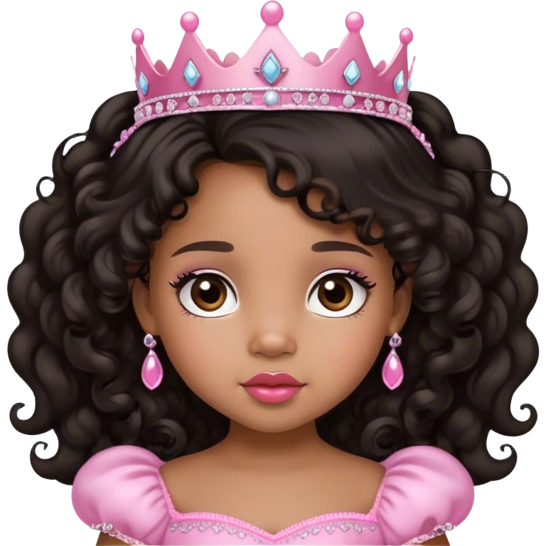 princess, medium brown skin tone, very adorable toddler, with big plump lips, long long lashes, black curly long hair, brown eyes, pink tiara emoji