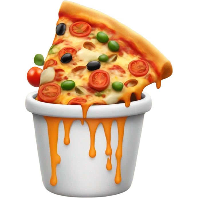 A cartoon-style Kulhad Pizza logo with a clay cup filled with gooey, cheesy pizza toppings like olives, bell peppers, and tomatoes. Cheese is melting over the edges, and light steam rises for a fresh, baked effect. Clean, modern, and playful look. emoji