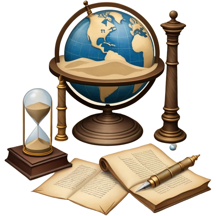 An icon featuring ancient scrolls, a quill pen, and large, old-fashioned sand clocks, symbolizing the study of history. The design includes a globe and a timeline with significant historical events, set against ruins to evoke past civilizations. Transparent background highlights the passage of time. emoji