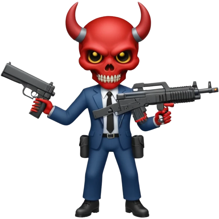 A Demon from hell that is dressed like a fbi agent with a machine gun, full body pointing the machine fun to the left. In the style of your bleeding skull artwork. Just one machine gun emoji