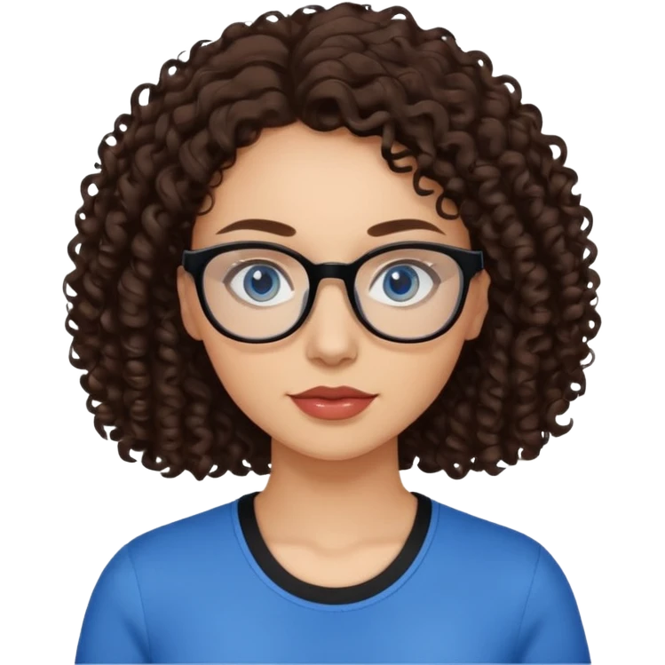 a woman, 30 years old, light skin with dark brown curly hair. eyeglasses. Black top. blue eyes. emoji