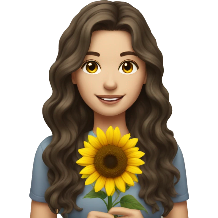 Pretty brunette wavy hair pale woman holding sunflower emoji
