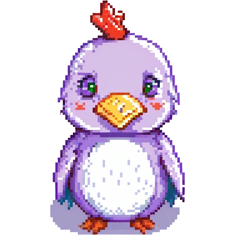 pixel art: a whimsical chicken-pig-penguin with a purple nose and red teeth emoji
