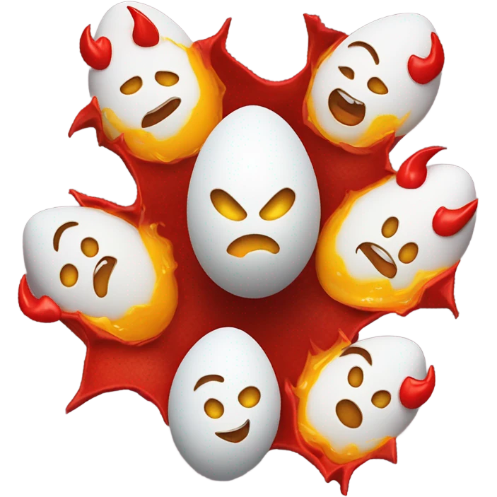 Create a dozen of eggs opened behind a picture of the devil emoji