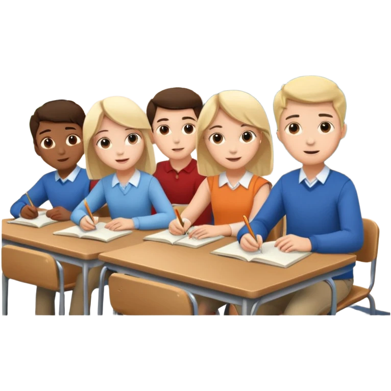 five friends sitting at desks studying in a classroom emoji