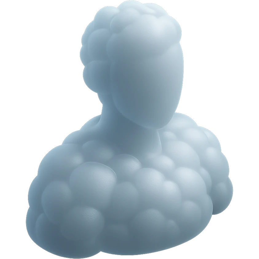 a person turned exactly, fully composed of white fluffy convex clouds up to the shoulders, matte glass style emoji