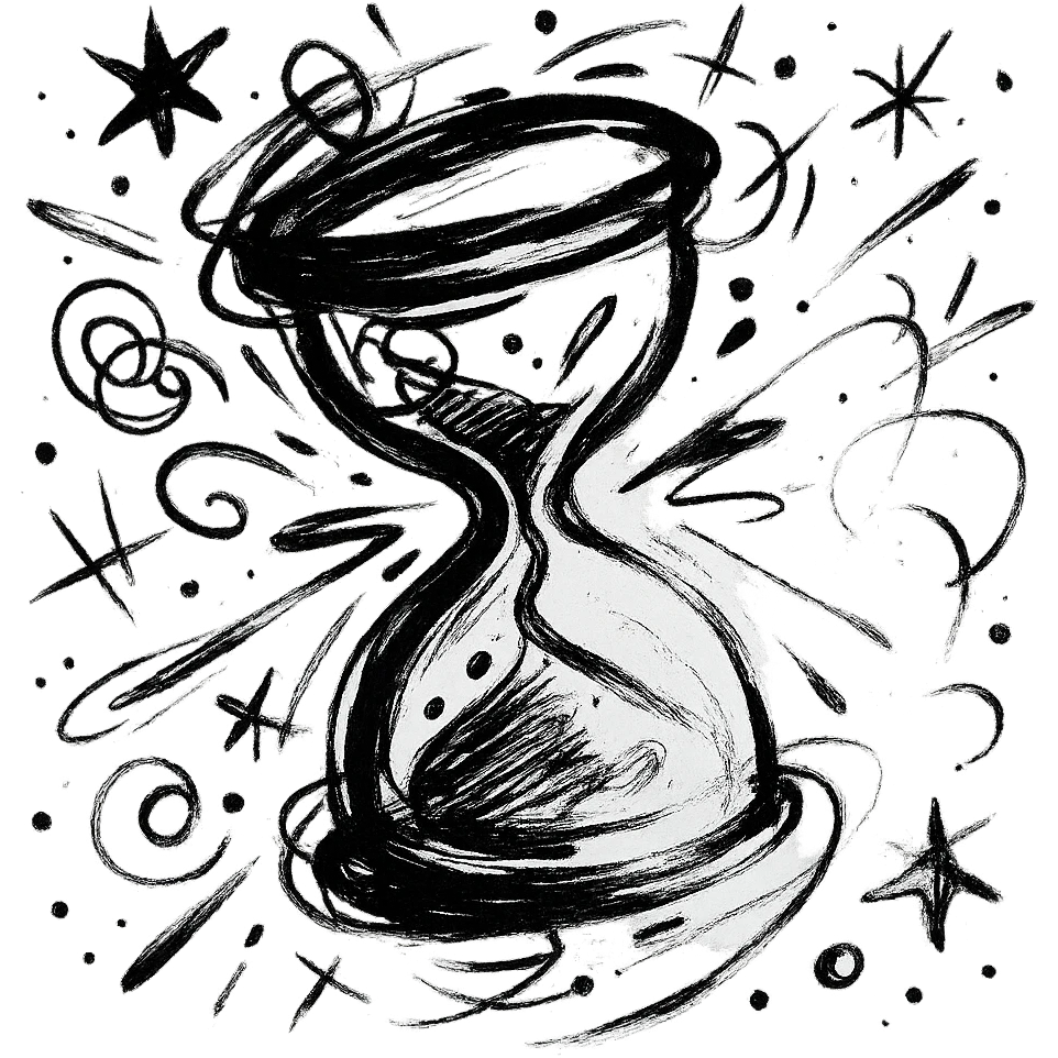 stylized hourglass in mid-turn, chaotic black outlined icon, wild expressive strokes, sense of motion emoji