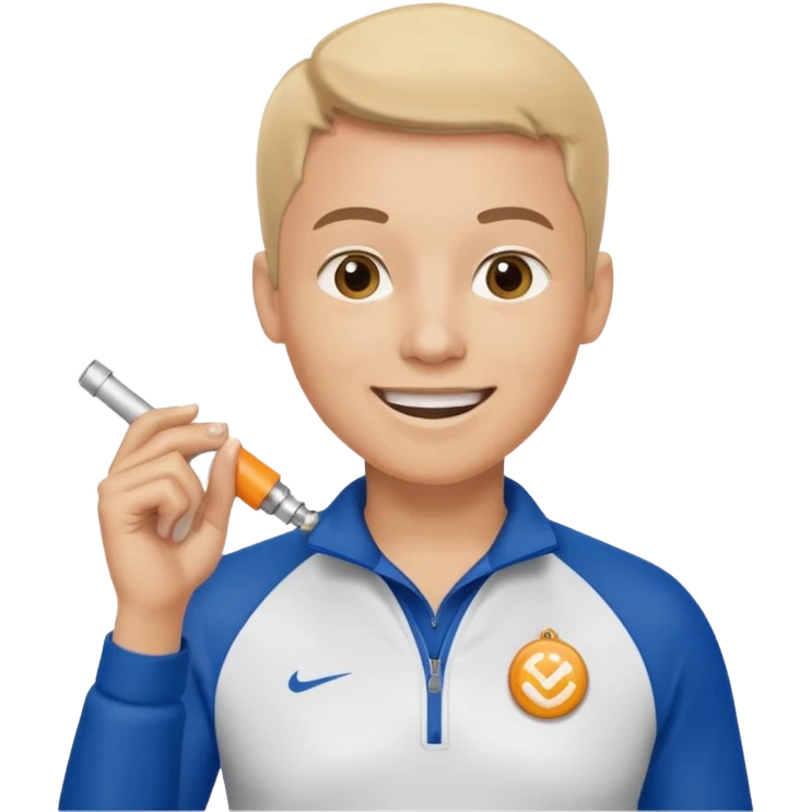 physical education teacher, smiling, holding a whistle emoji
