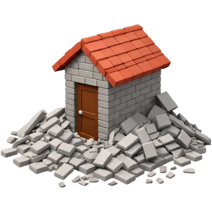 3D iPhone style emoji of a pile of bricks, roof pieces, and wall rubble, scattered and broken, isolated on white background, soft shadows, high detail, playful and cute emoji