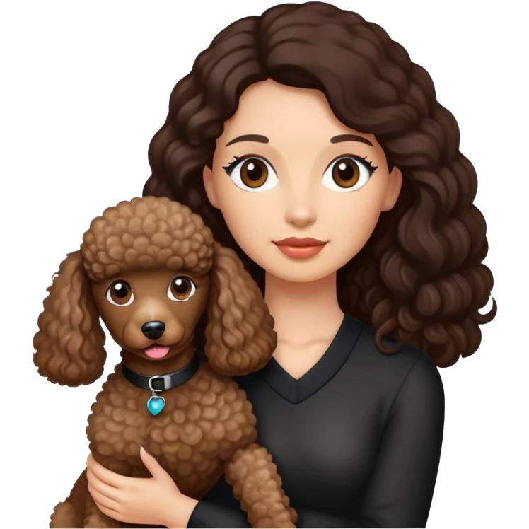 woman with long dark brown hair holding a poodle emoji