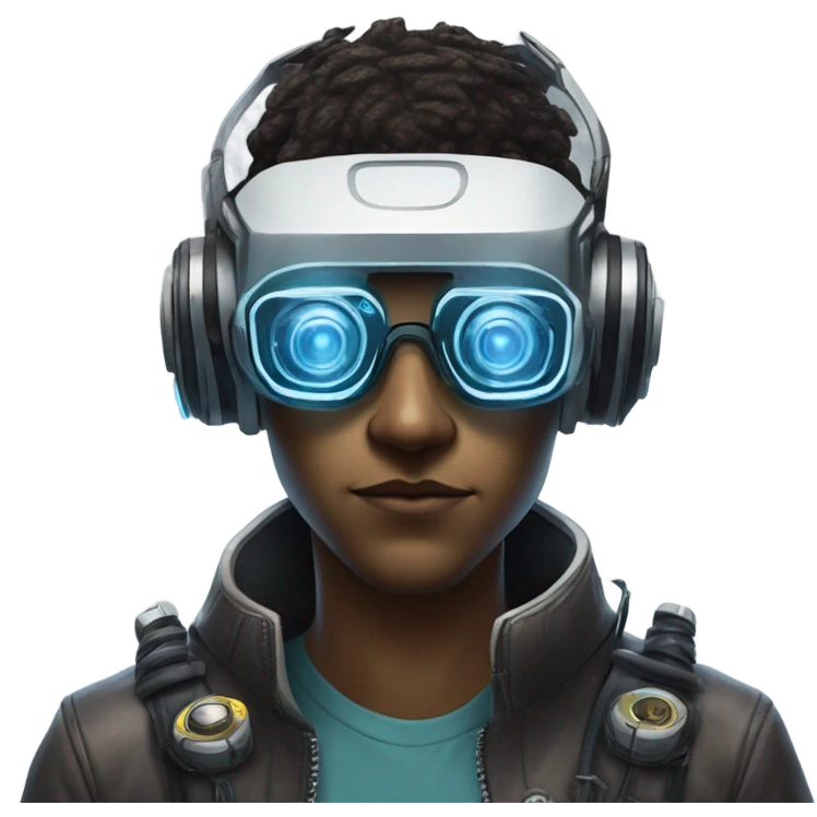 netrunner, cyberpunk hacker with mechanical glasses, cyborg body, vr headset emoji