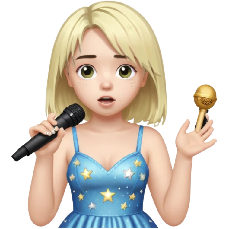 bille elish is singing, 2 hands holding mirco and twinkle dresss emoji