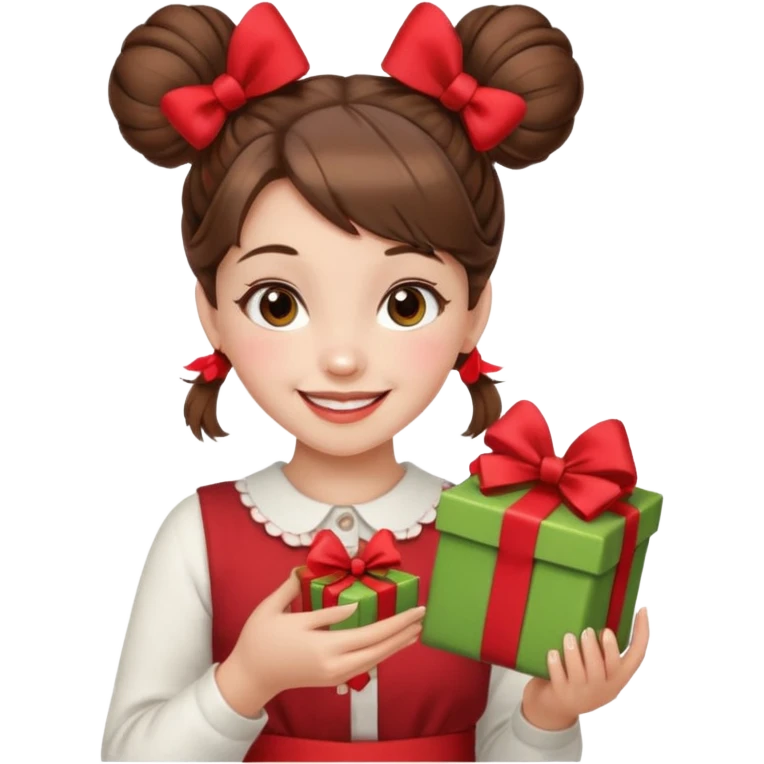 A cheerful young girl with brown hair styled in two playful buns adorned with red bows is winking and smiling.  In her hands, she holds a small decorated  emoji