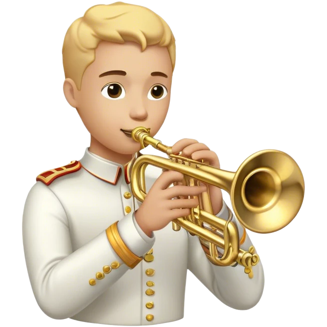 Cinematic Realistic Trumpet, polished brass with warm golden reflections, intricate valve details subtly highlighted, soft hands pressing the keys, glowing with bold and triumphant musical energy. emoji