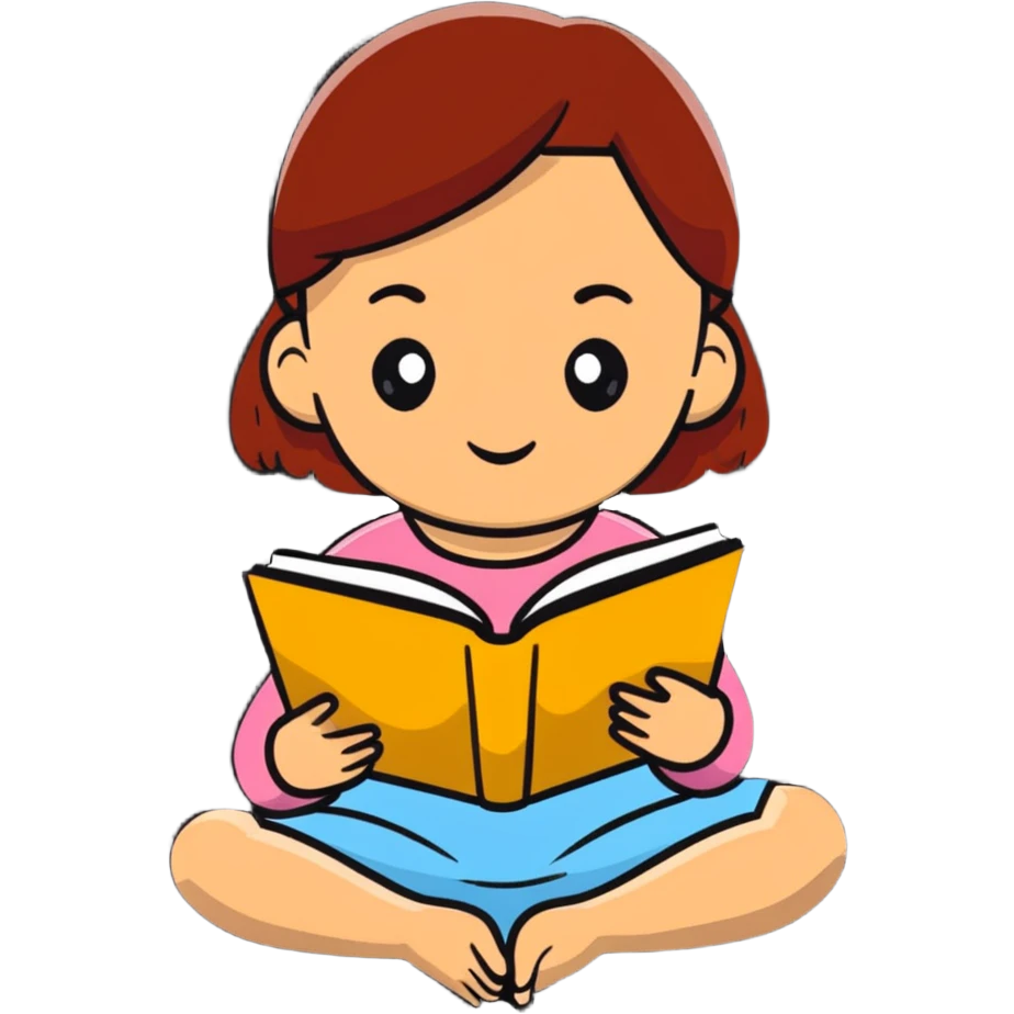 Young girl happily reading a colorful book emoji