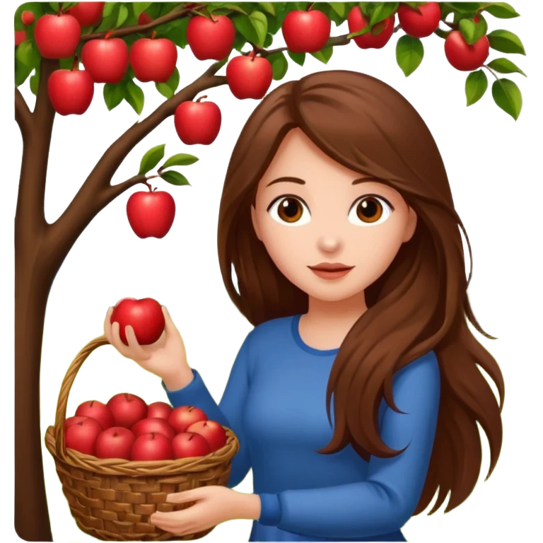 Attractive Girl with long brown hair picking an apple off a tree with a basket of apples emoji