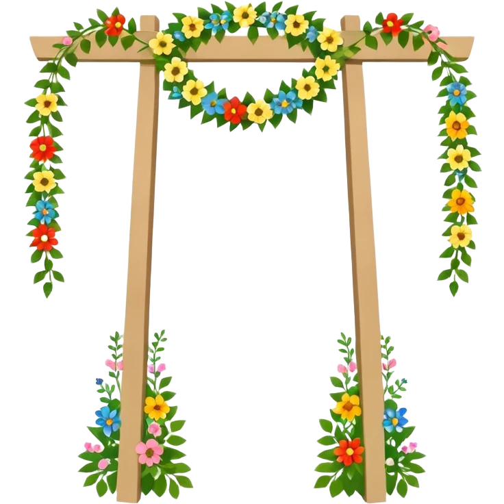 midsommarstång (Swedish maypole) decorated with green leaves and colorful flowers, standing upright with two floral wreaths hanging from the crossbar, festive and cheerful, clean modern illustration style emoji