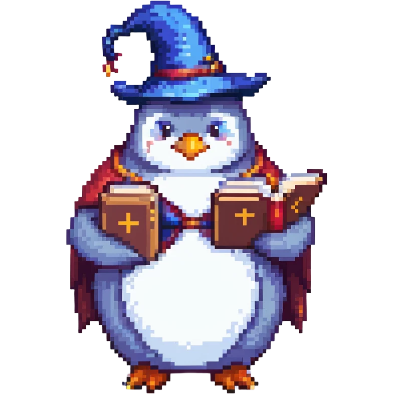 A chubby penguin wizard casting a spell, with a long beard and a mystical book, pixel art style emoji