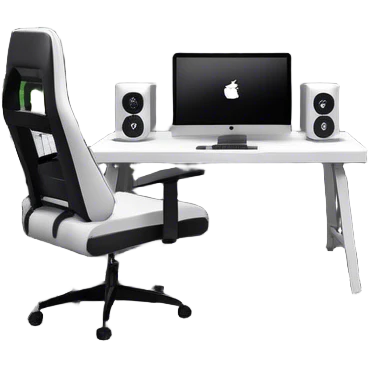 An isometric 3D room with two walls that meet at the back left and right. The floor is made of gray wood. The room is decorated in a modern black and white style. In front of the window is a wide desk with a large monitor and an open laptop, with a black gaming chair next to it. emoji