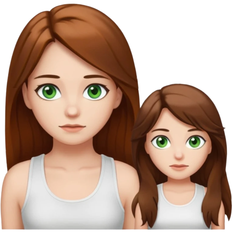 A girl with long brown hair, green eyes, and a white tank top; she doesn't have bangs. emoji