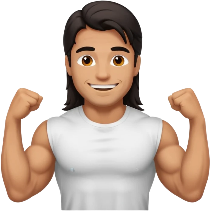 muscled happy guy, long dark hair, t-shirt emoji
