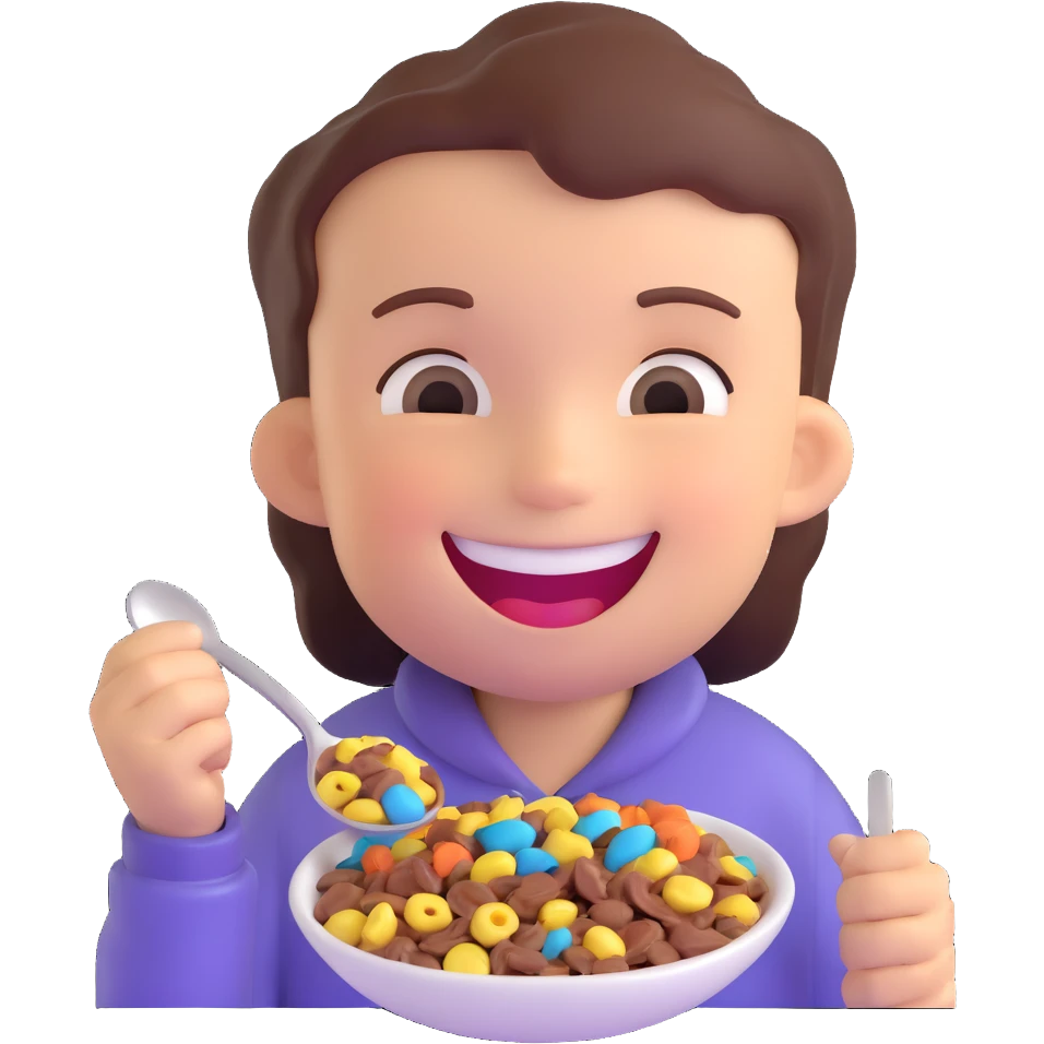 kid with spoon in hand, big smile, eating chocolate cereal emoji